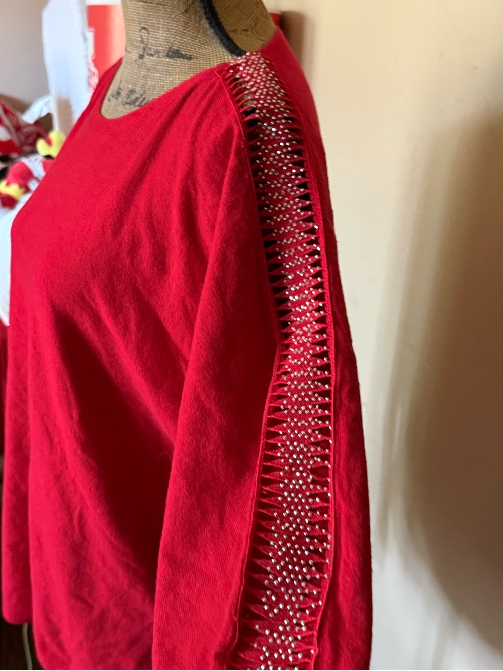 Red Embellished Long-Sleeve Women’s lightweight sweater